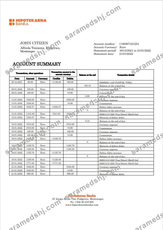 Montenegro Hipotekarna bank statement